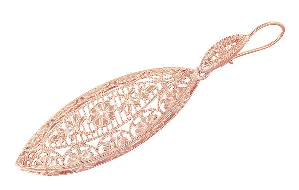 Art Deco Rose Gold Vermeil Dangling Leaf Sterling Silver Filigree Diamond Earrings