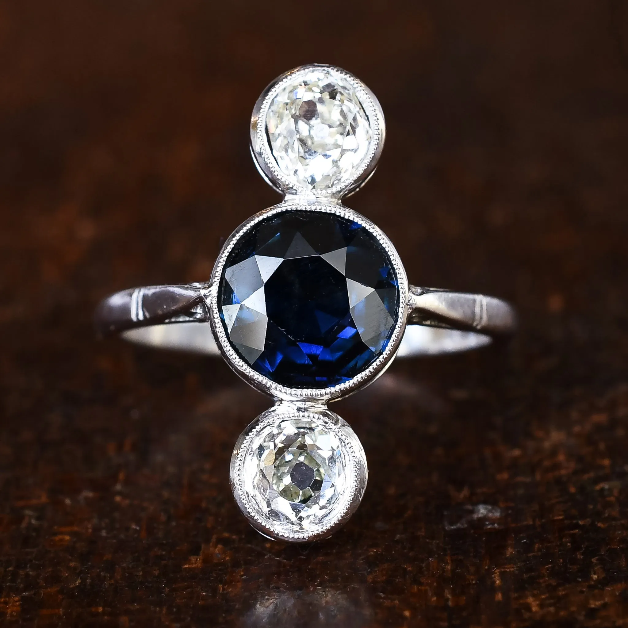 Art Deco Sapphire & Diamond North-South Trilogy Ring