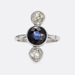 Art Deco Sapphire & Diamond North-South Trilogy Ring