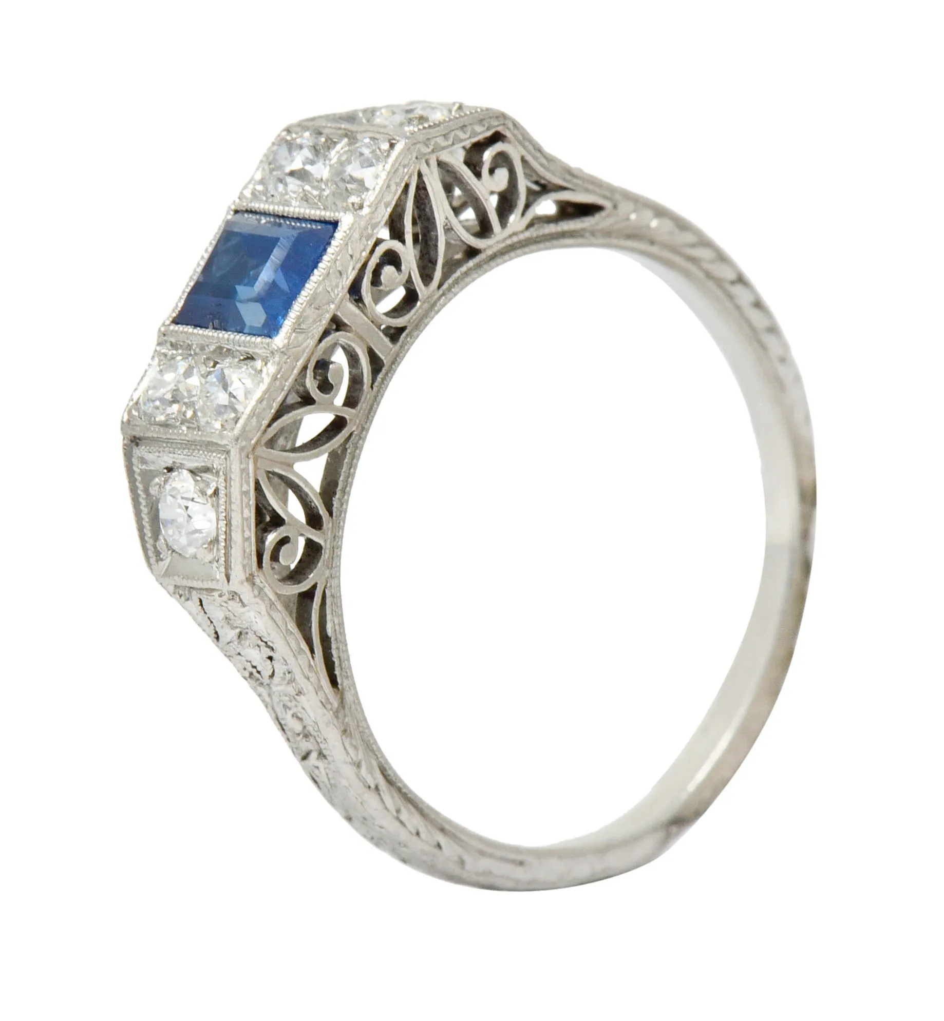 Art Deco Sapphire Diamond Platinum Filigree Band Ring