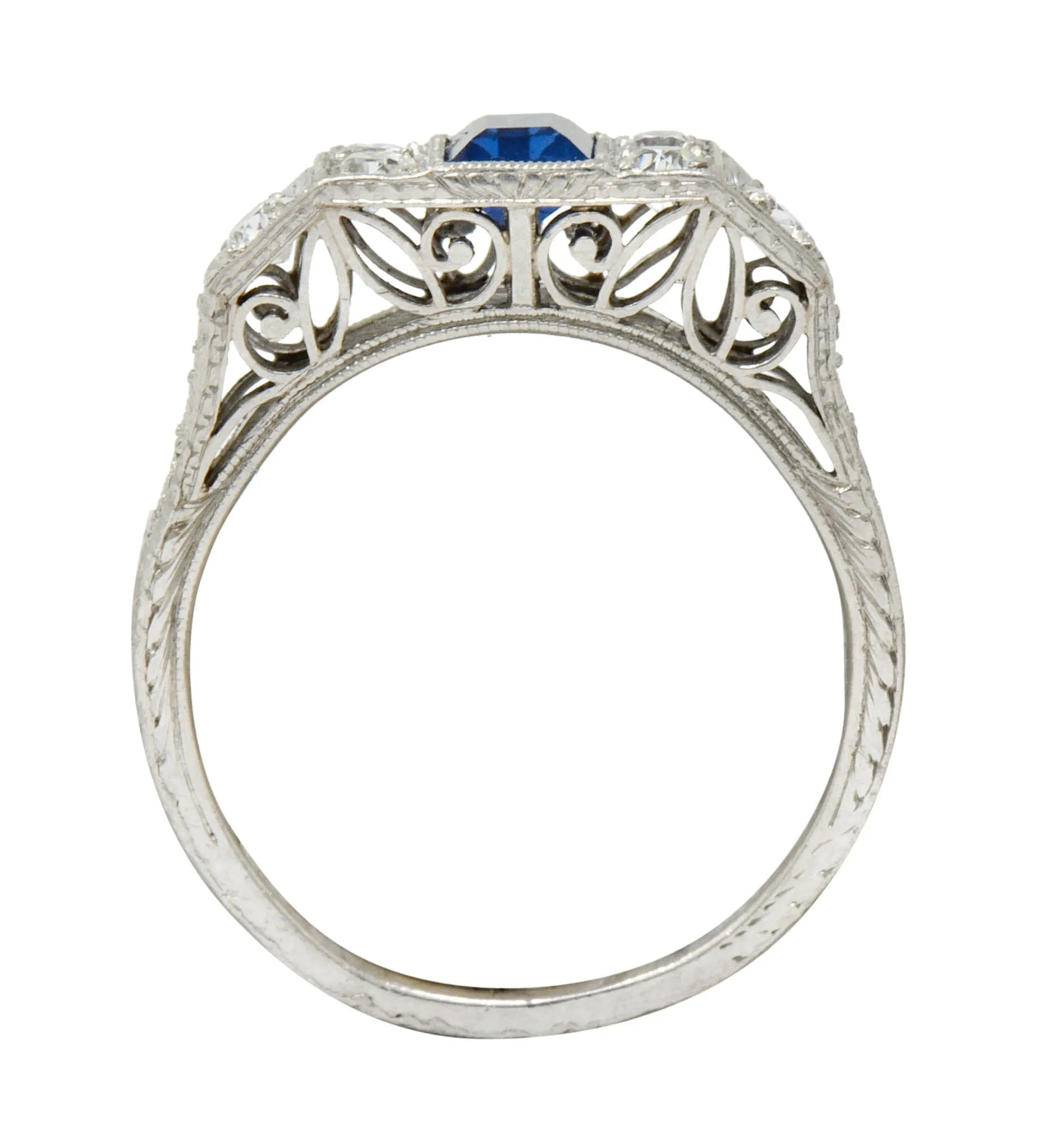 Art Deco Sapphire Diamond Platinum Filigree Band Ring