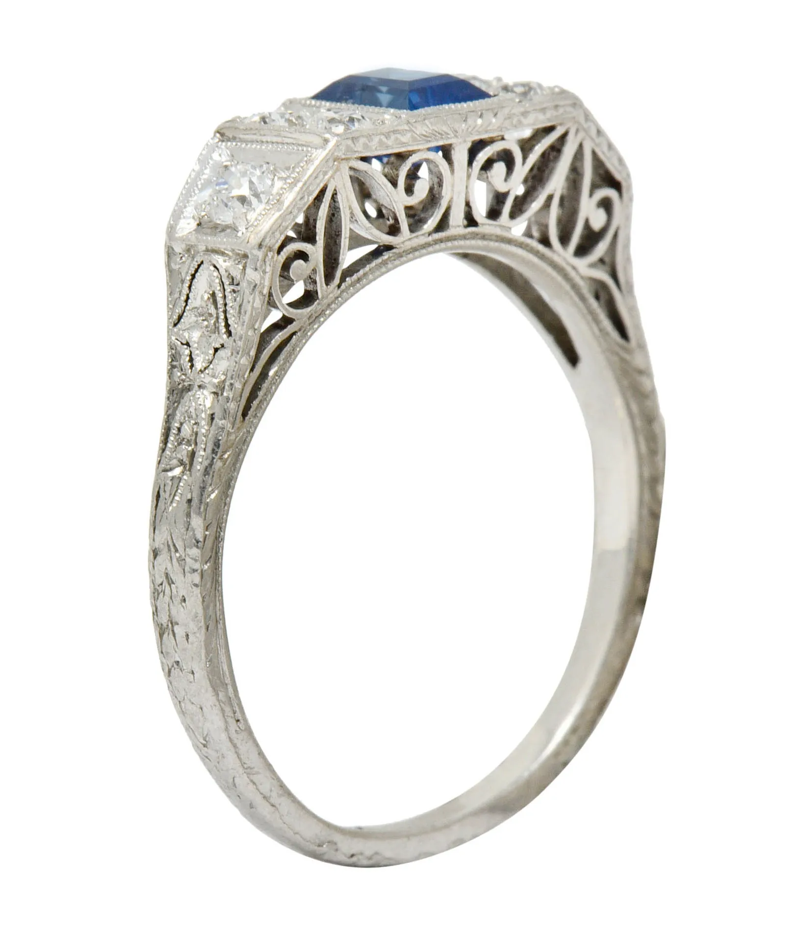 Art Deco Sapphire Diamond Platinum Filigree Band Ring