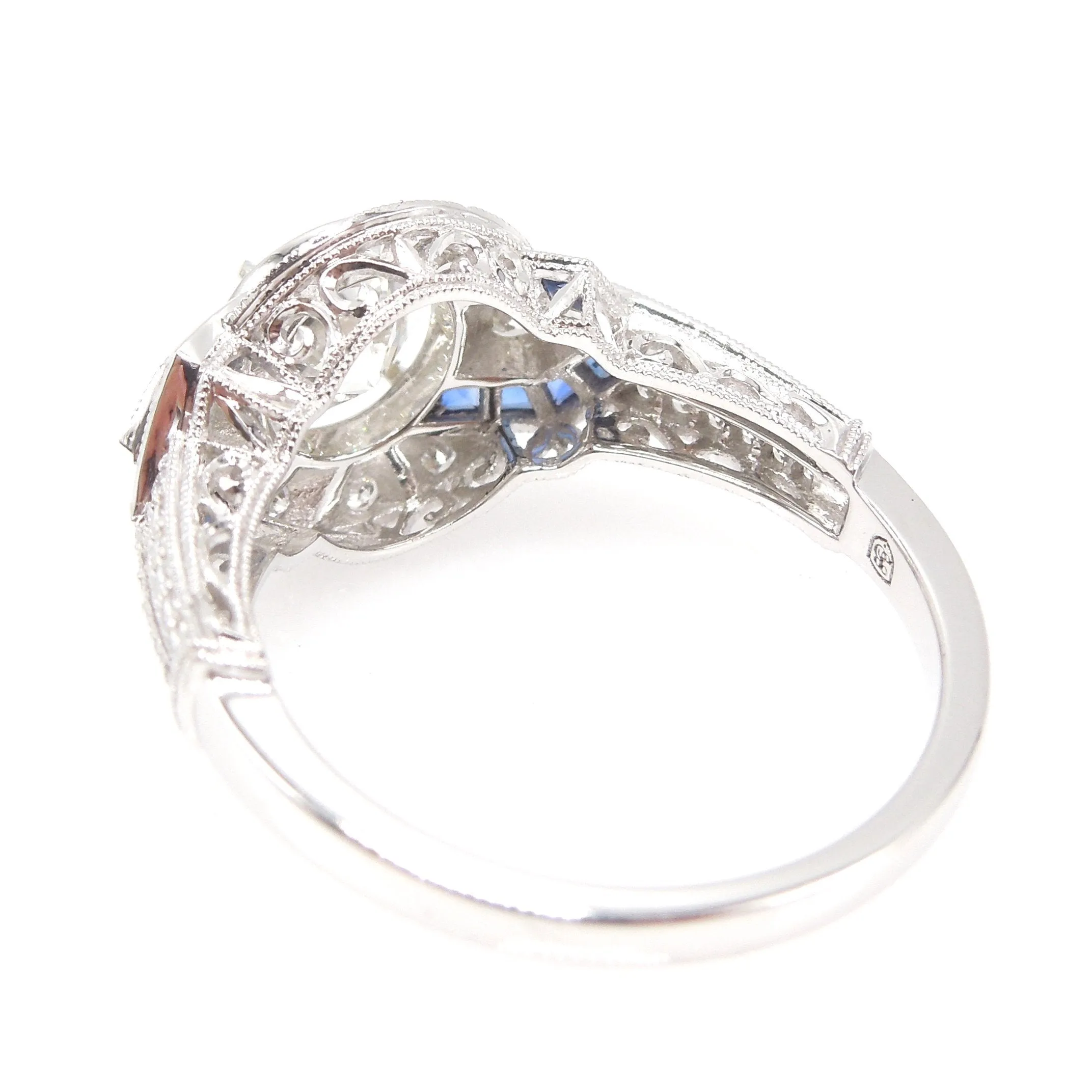 Art Deco Style 1.01ct Diamond Engagement Ring with Geometric French Cut Sapphire Pattern and Filigree