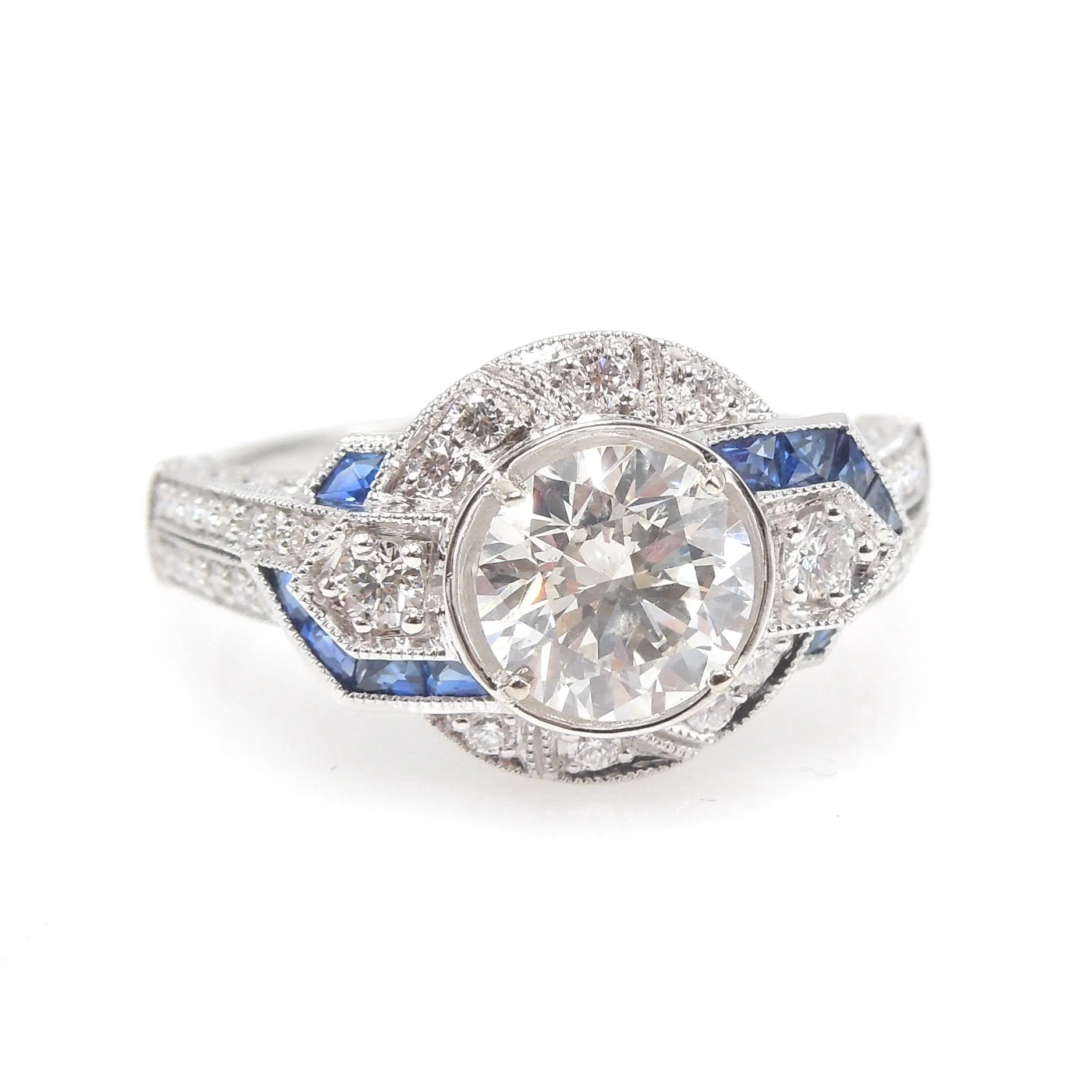Art Deco Style 1.01ct Diamond Engagement Ring with Geometric French Cut Sapphire Pattern and Filigree