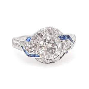 Art Deco Style 1.01ct Diamond Engagement Ring with Geometric French Cut Sapphire Pattern and Filigree
