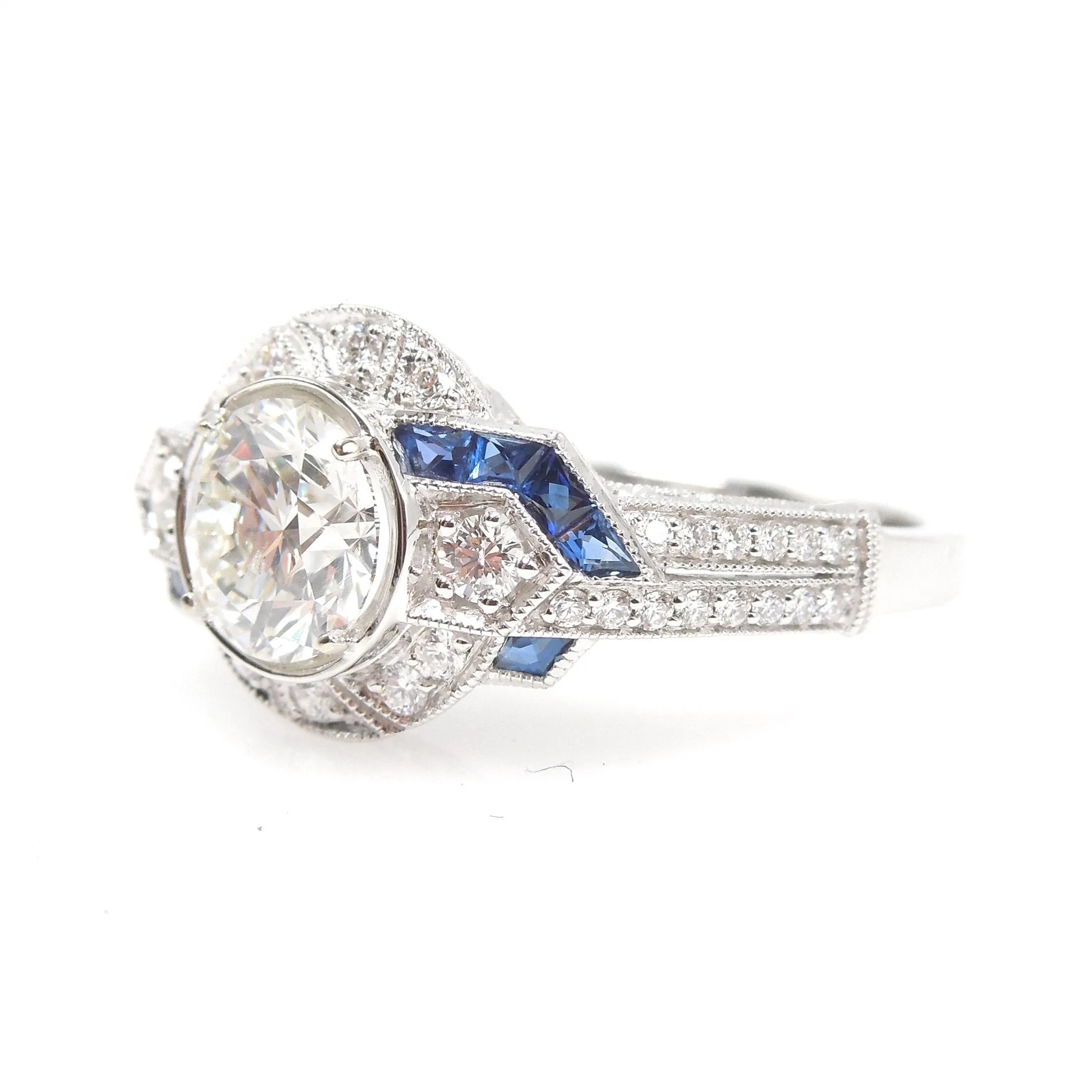 Art Deco Style 1.01ct Diamond Engagement Ring with Geometric French Cut Sapphire Pattern and Filigree