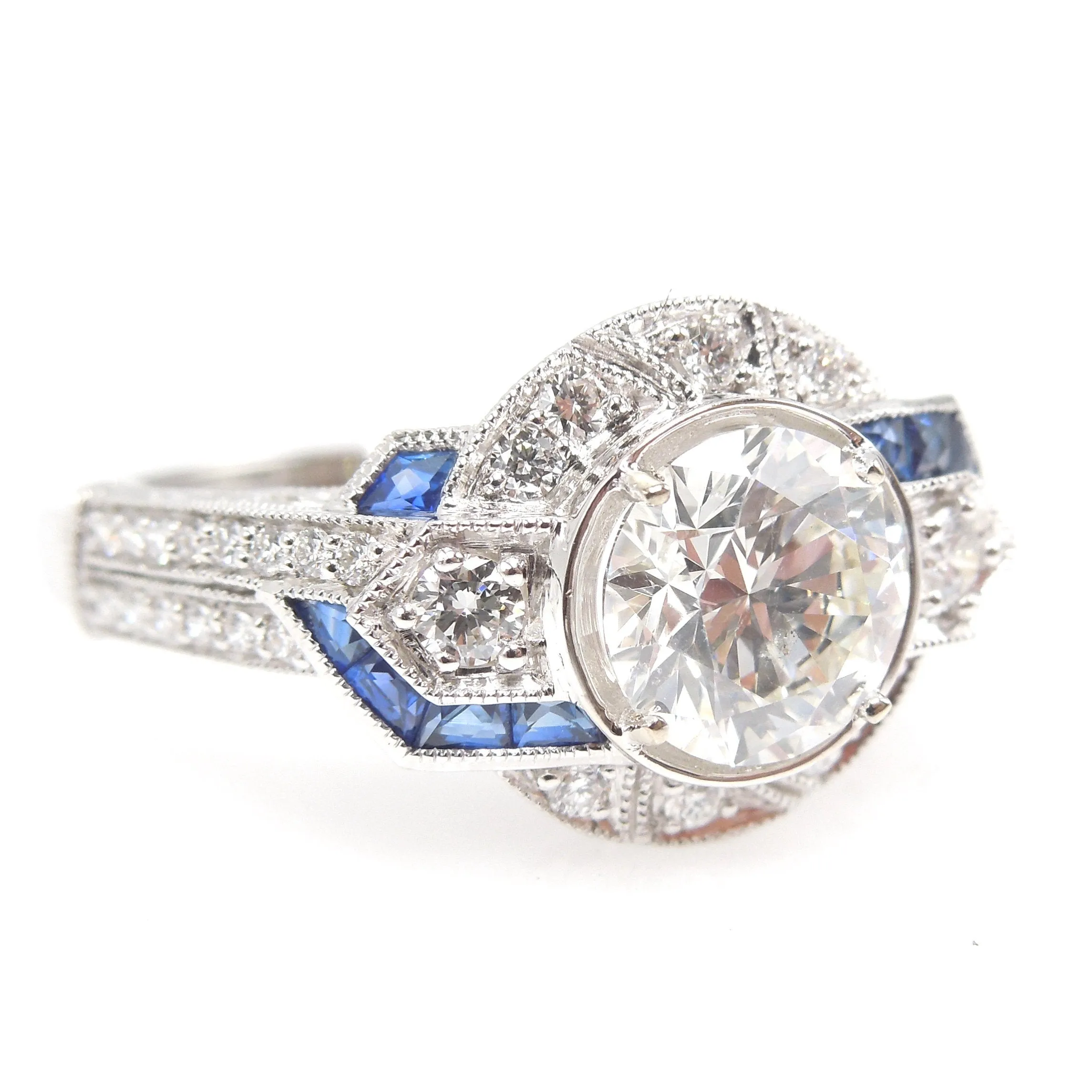 Art Deco Style 1.01ct Diamond Engagement Ring with Geometric French Cut Sapphire Pattern and Filigree