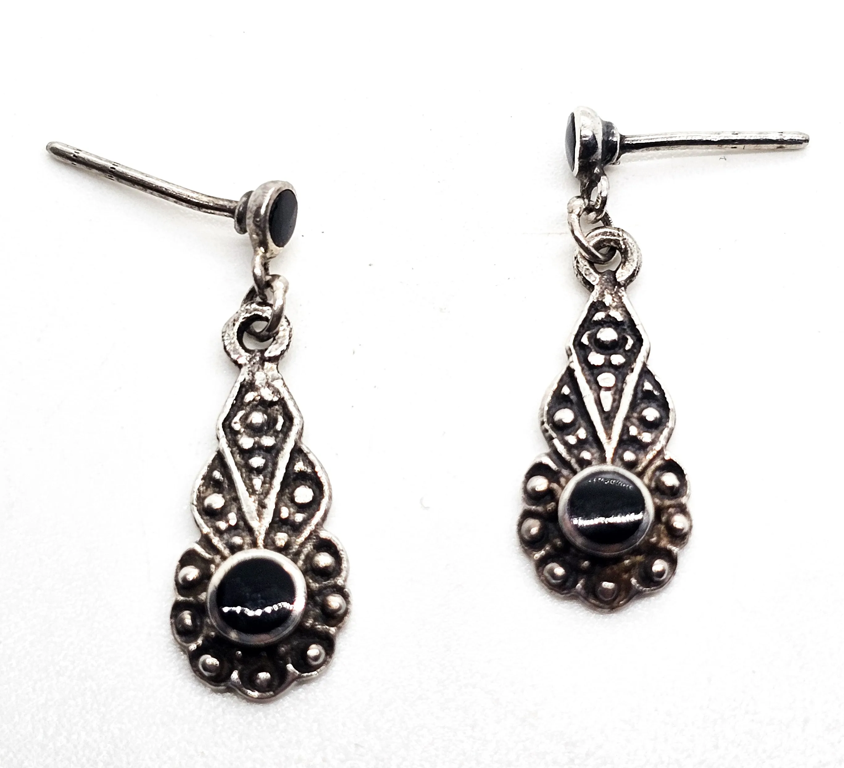 Art Deco Style black onyx inlay flower drop vintage sterling silver dangle earrings