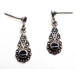 Art Deco Style black onyx inlay flower drop vintage sterling silver dangle earrings