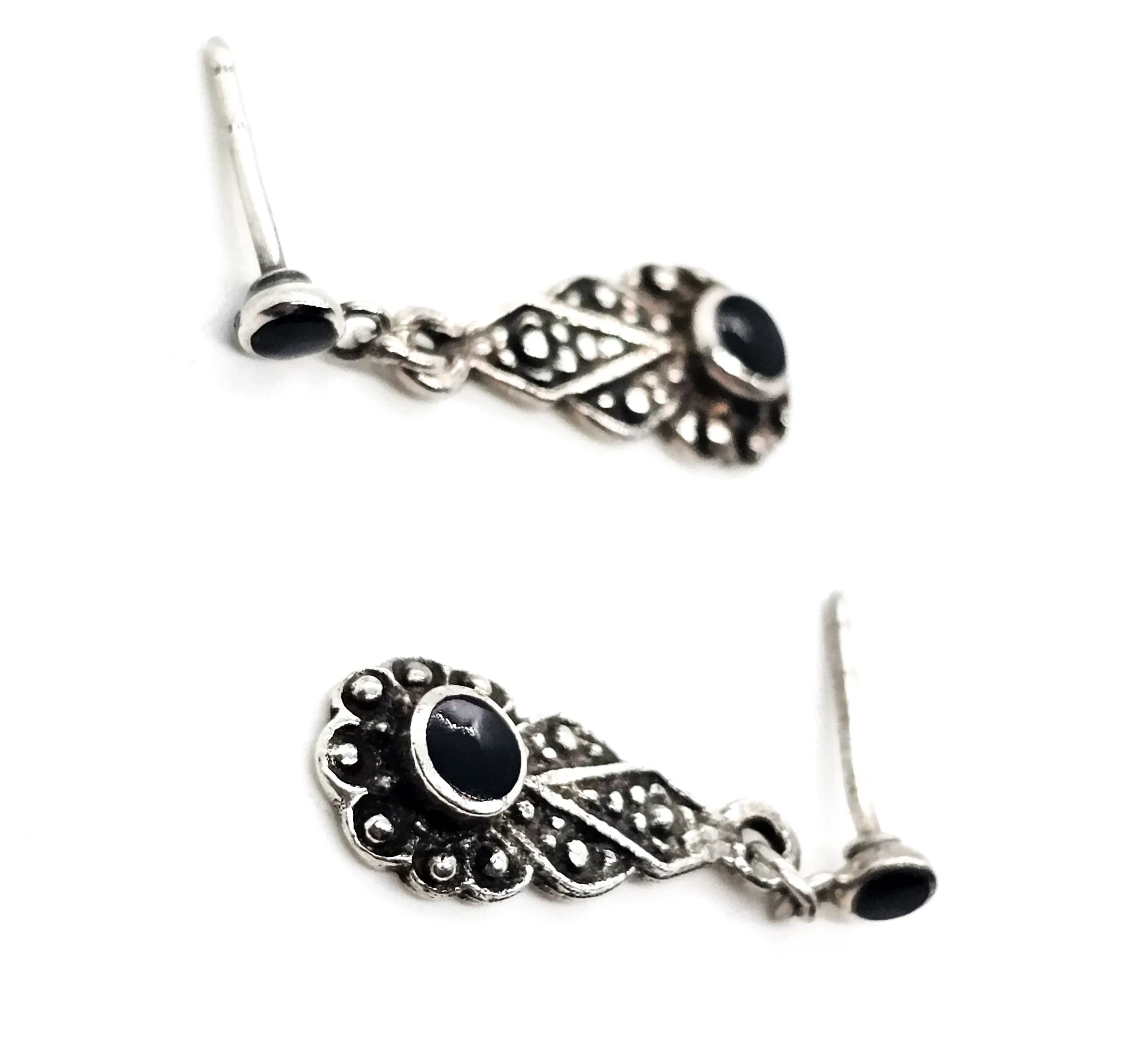 Art Deco Style black onyx inlay flower drop vintage sterling silver dangle earrings