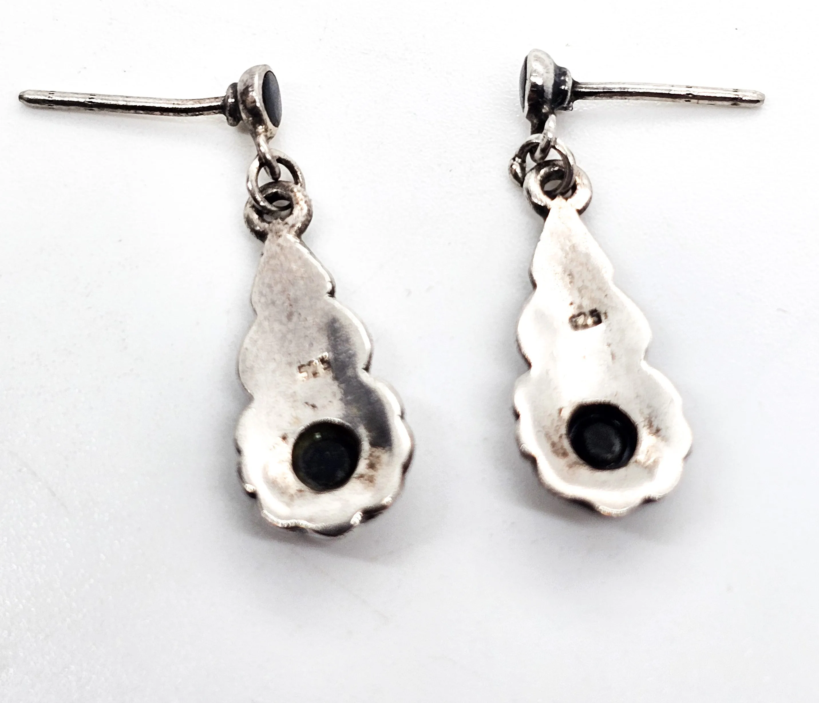 Art Deco Style black onyx inlay flower drop vintage sterling silver dangle earrings