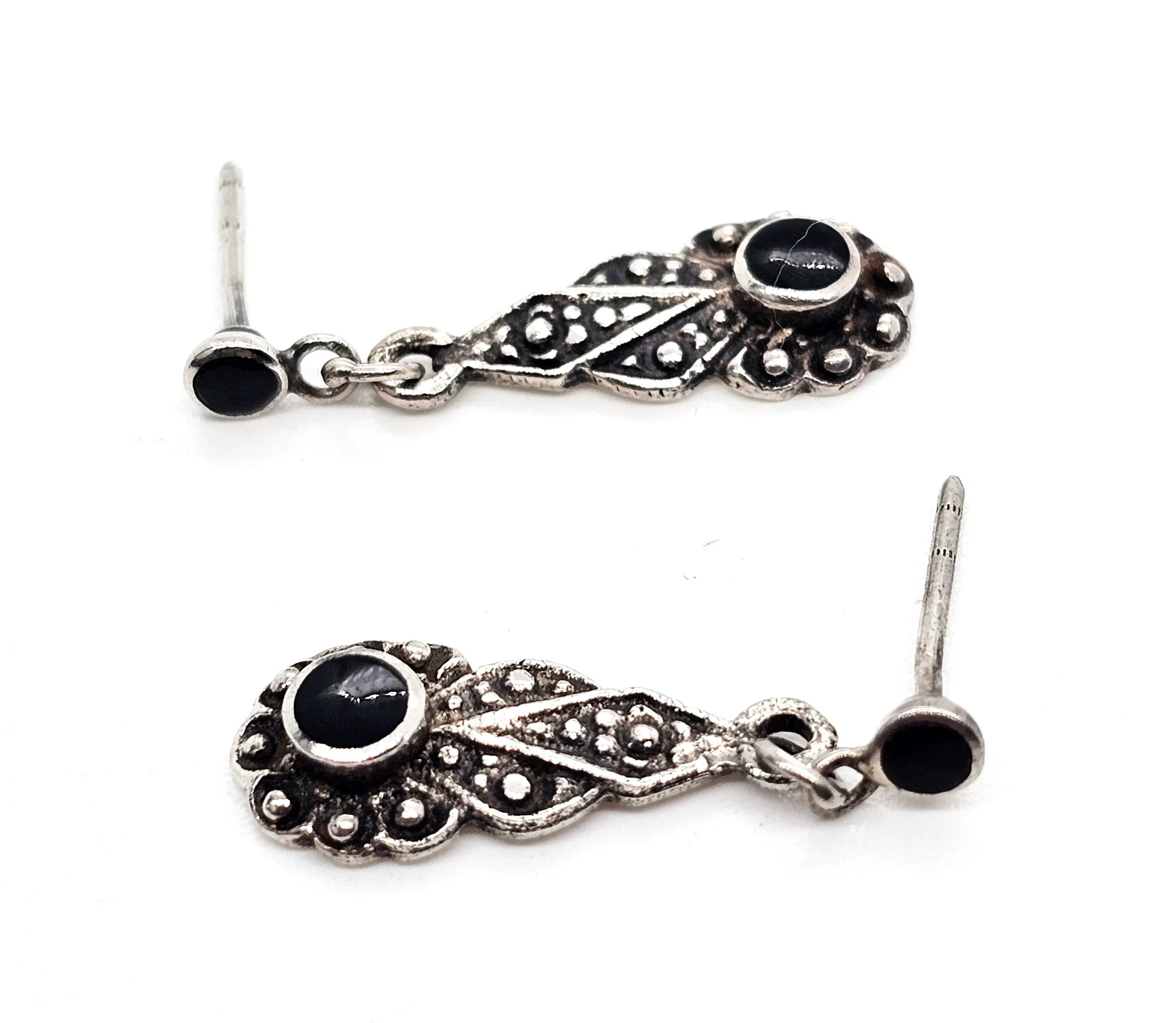 Art Deco Style black onyx inlay flower drop vintage sterling silver dangle earrings