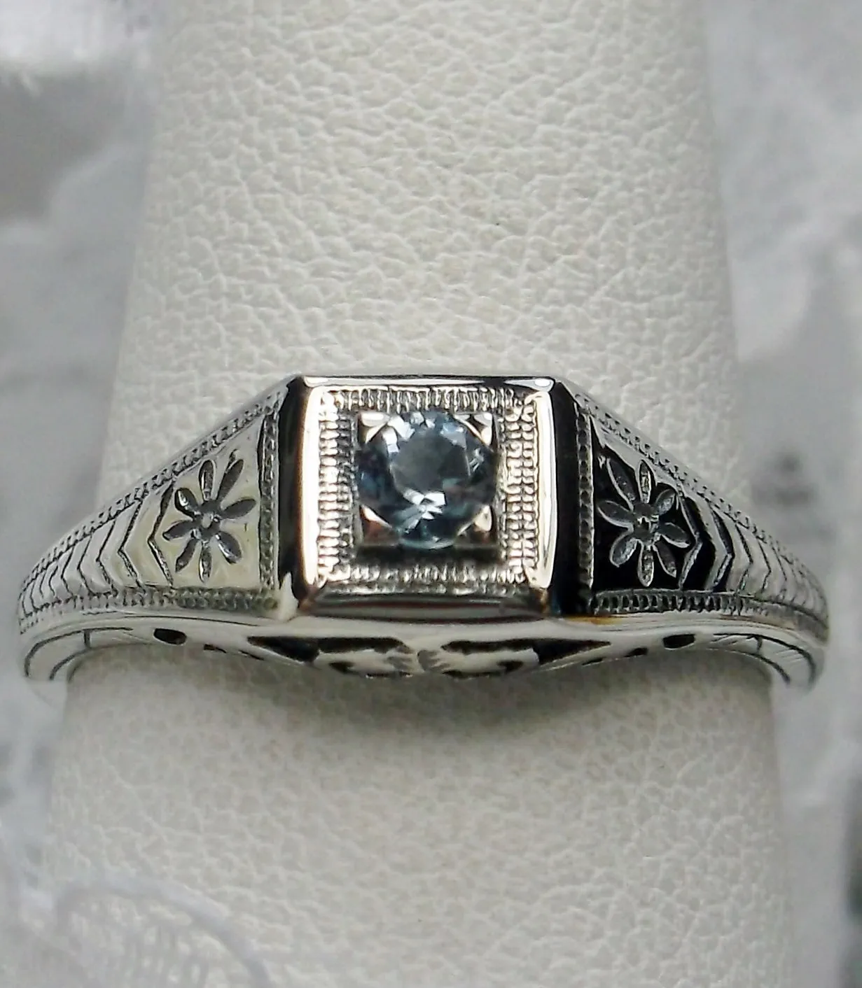 Art Deco Wedding Ring, Blue Topaz or Aquamarine #D155