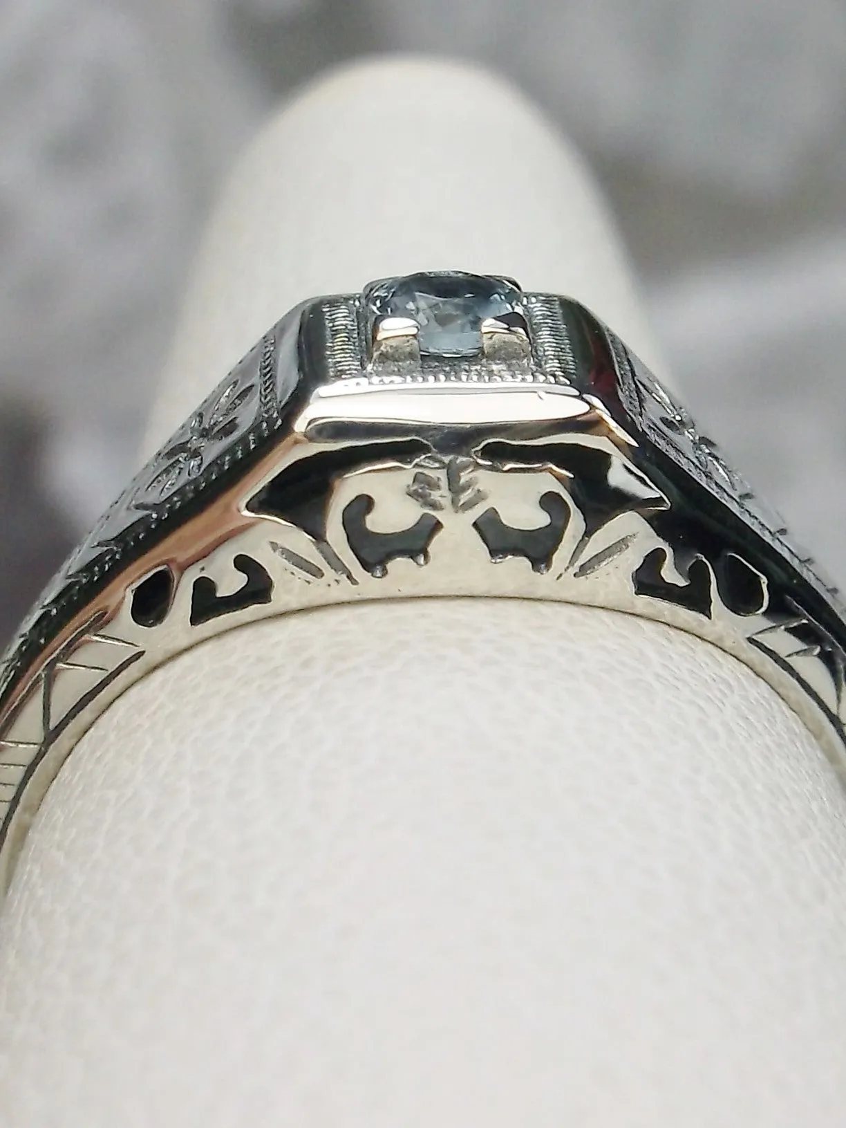 Art Deco Wedding Ring, Blue Topaz or Aquamarine #D155