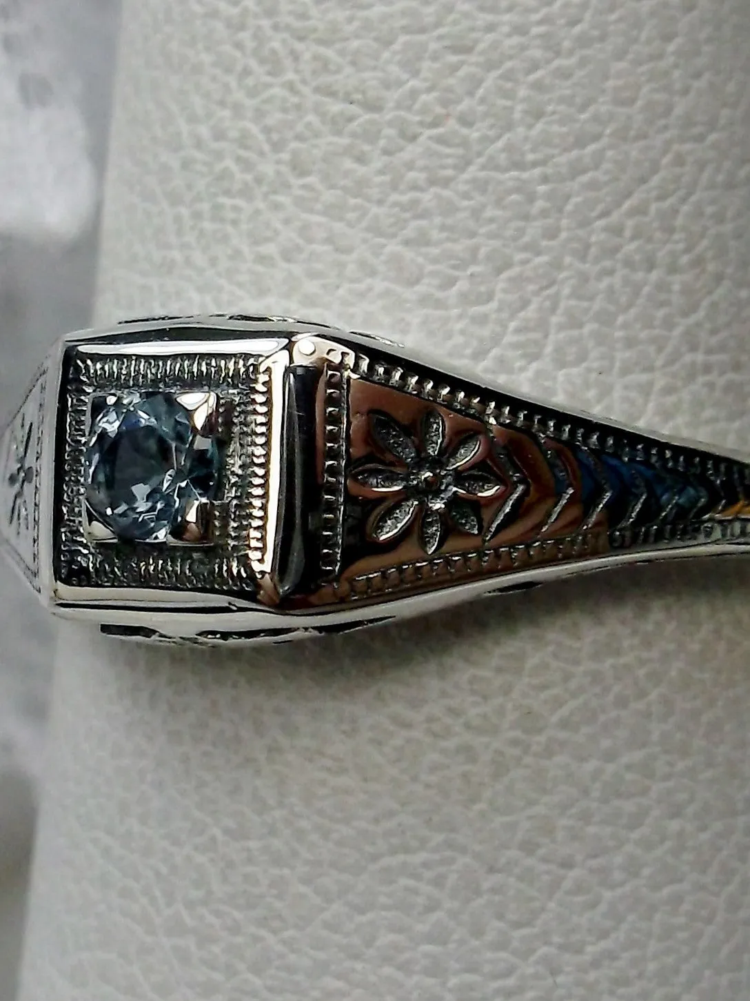 Art Deco Wedding Ring, Blue Topaz or Aquamarine #D155