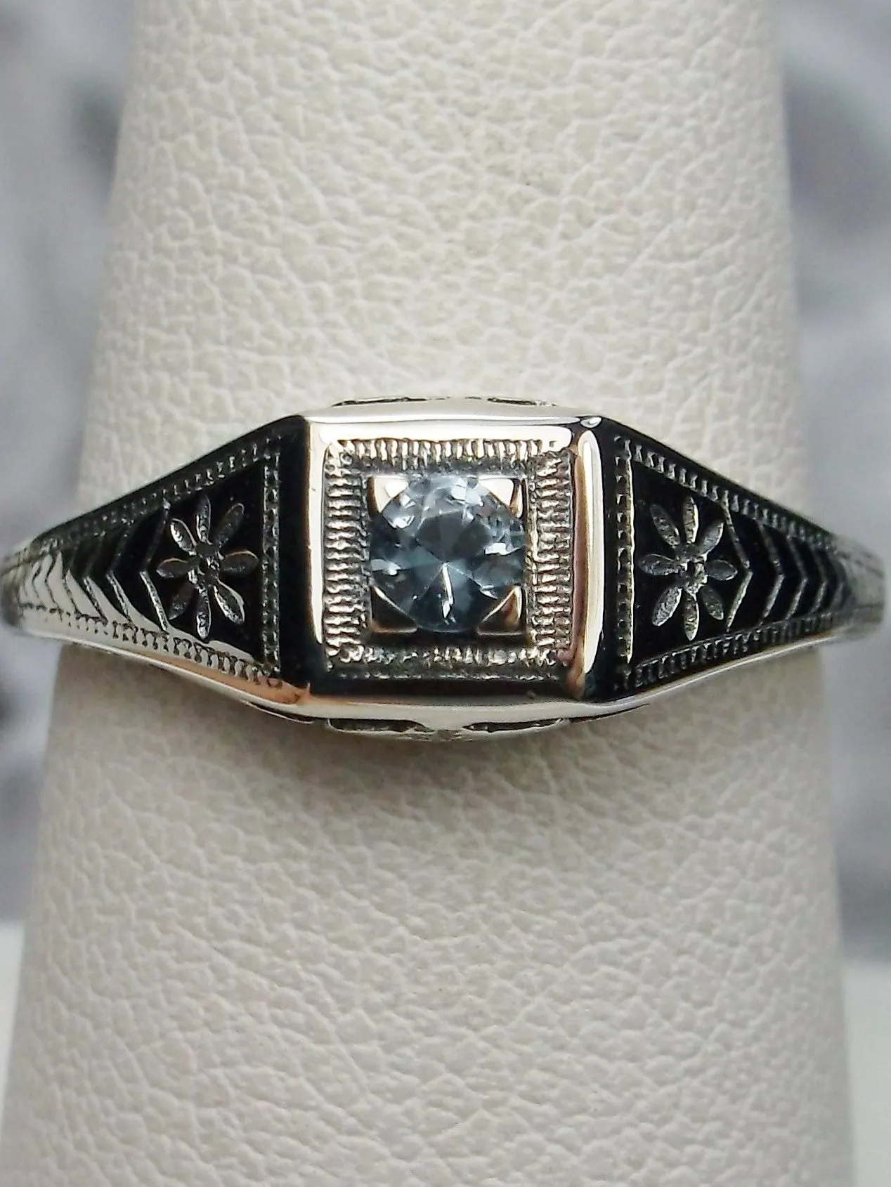Art Deco Wedding Ring, Blue Topaz or Aquamarine #D155