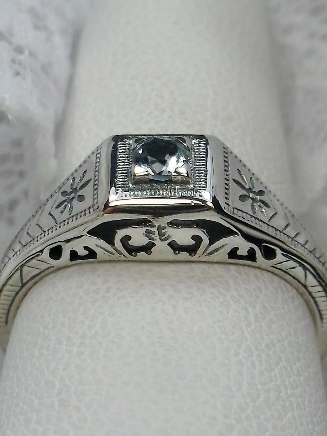 Art Deco Wedding Ring, Blue Topaz or Aquamarine #D155