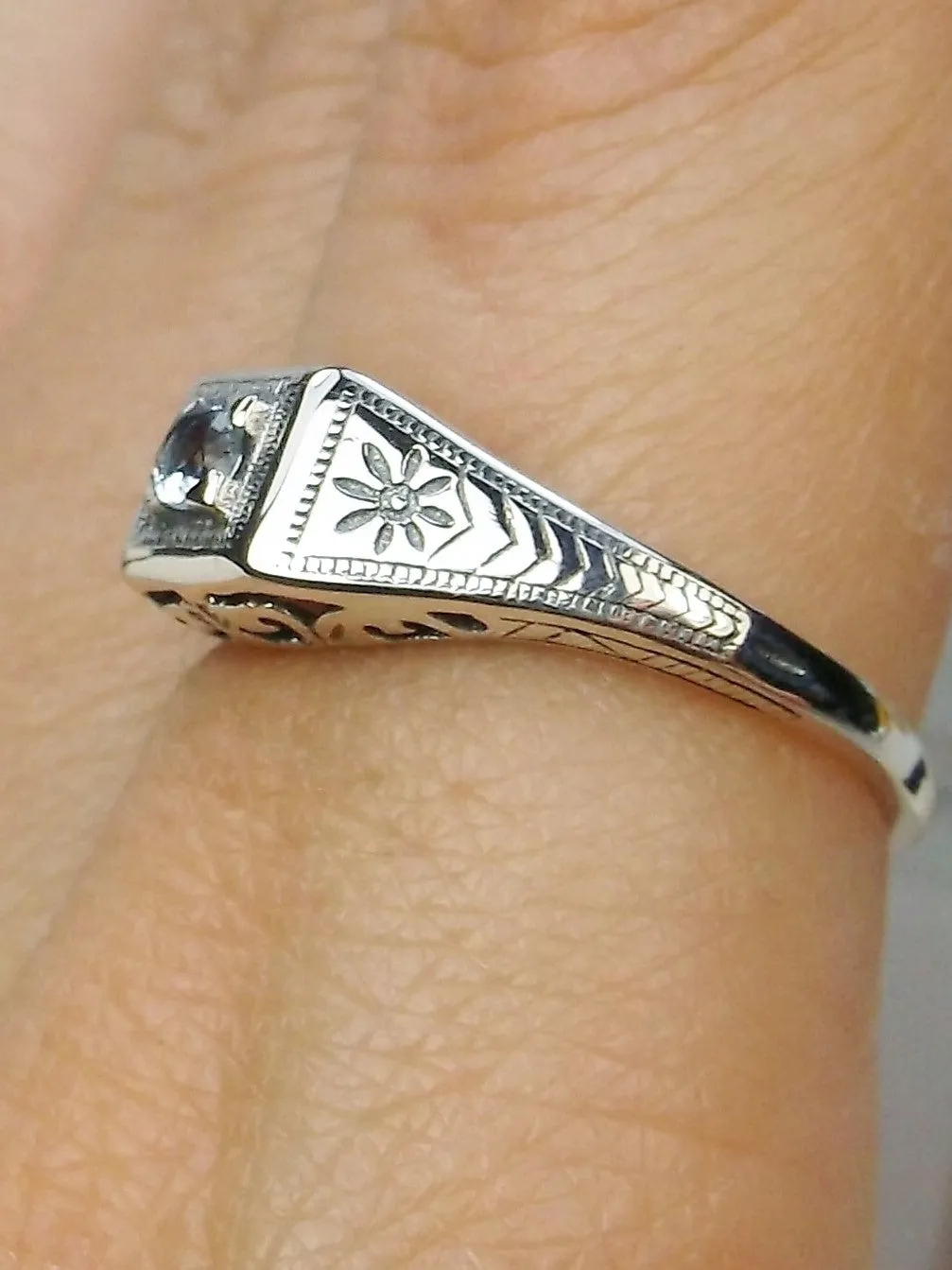Art Deco Wedding Ring, Blue Topaz or Aquamarine #D155