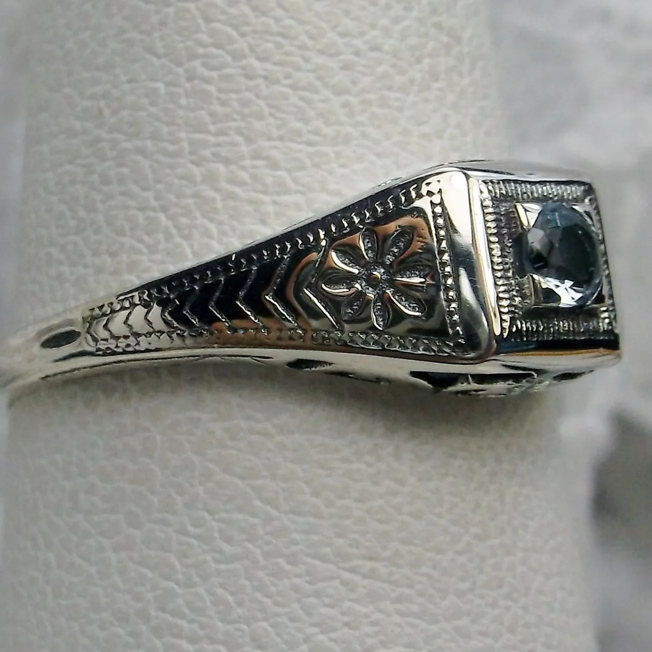 Art Deco Wedding Ring, Blue Topaz or Aquamarine #D155