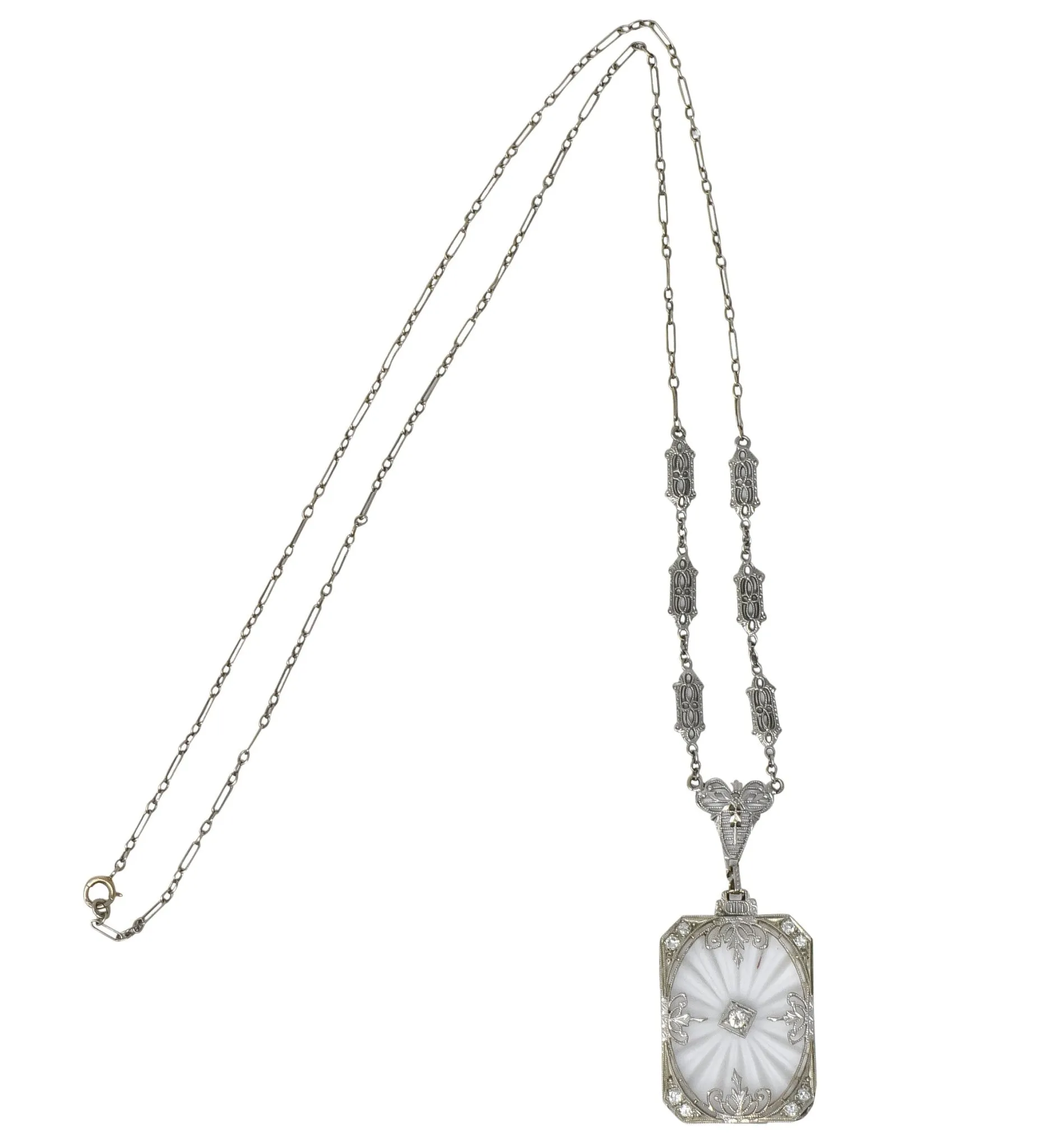Balogh Art Deco Camphor Glass Diamond 14 Karat White Gold Necklace