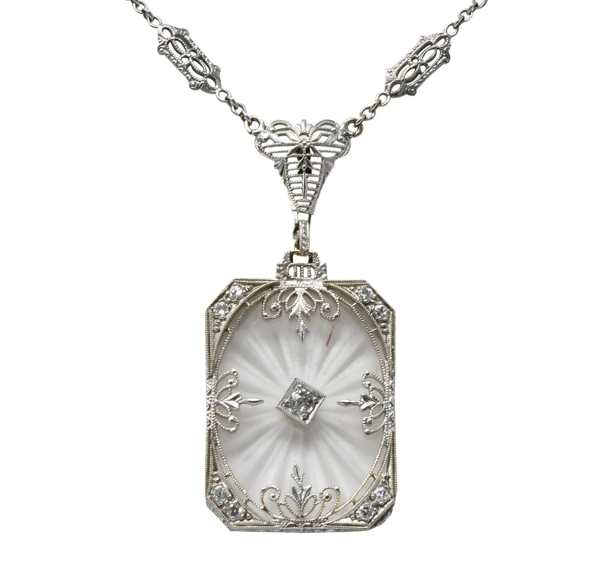 Balogh Art Deco Camphor Glass Diamond 14 Karat White Gold Necklace