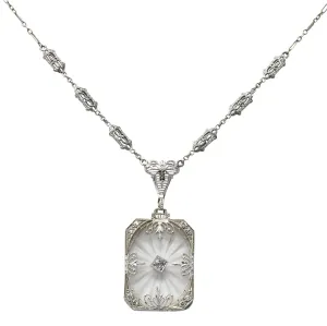 Balogh Art Deco Camphor Glass Diamond 14 Karat White Gold Necklace