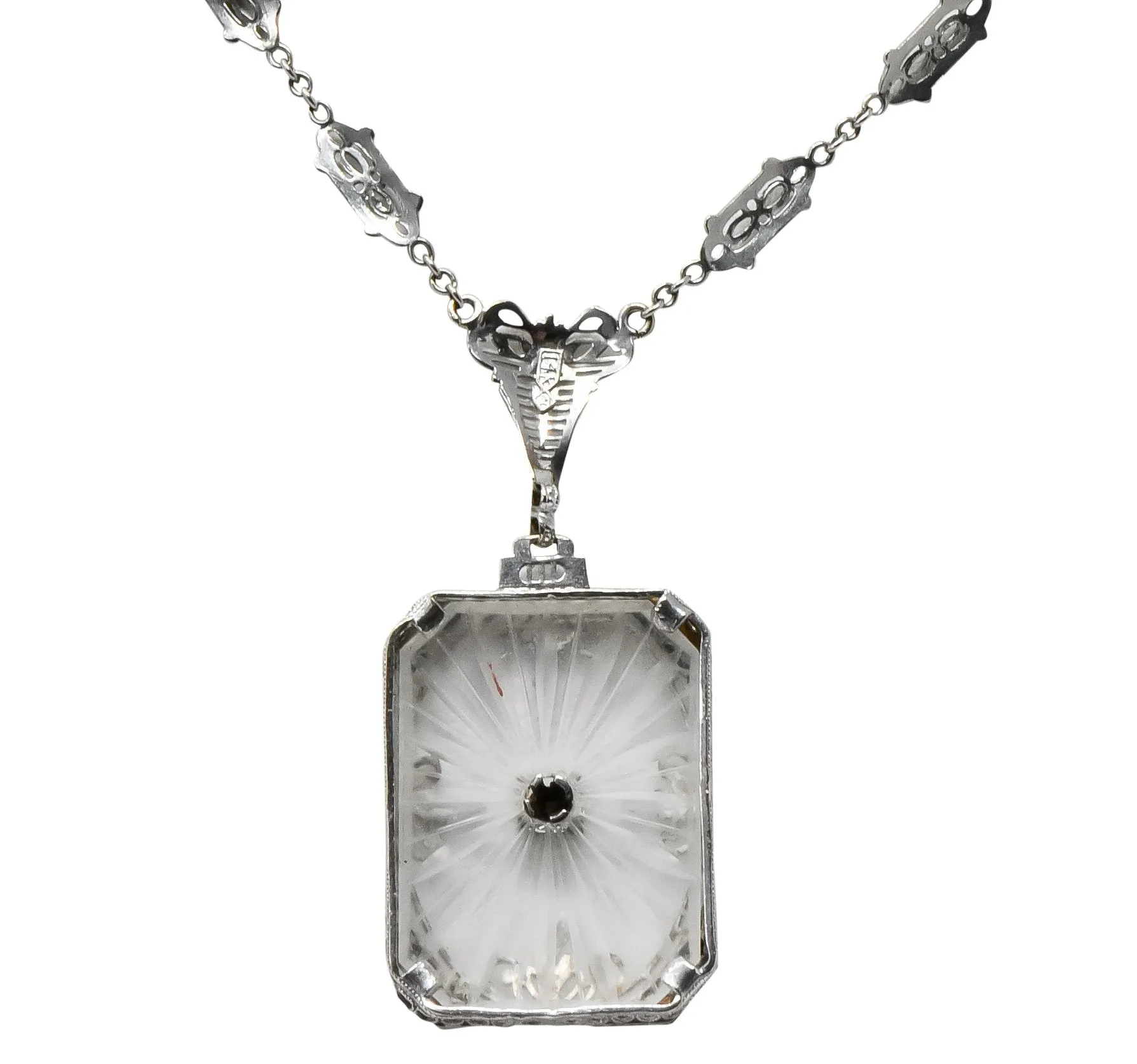 Balogh Art Deco Camphor Glass Diamond 14 Karat White Gold Necklace