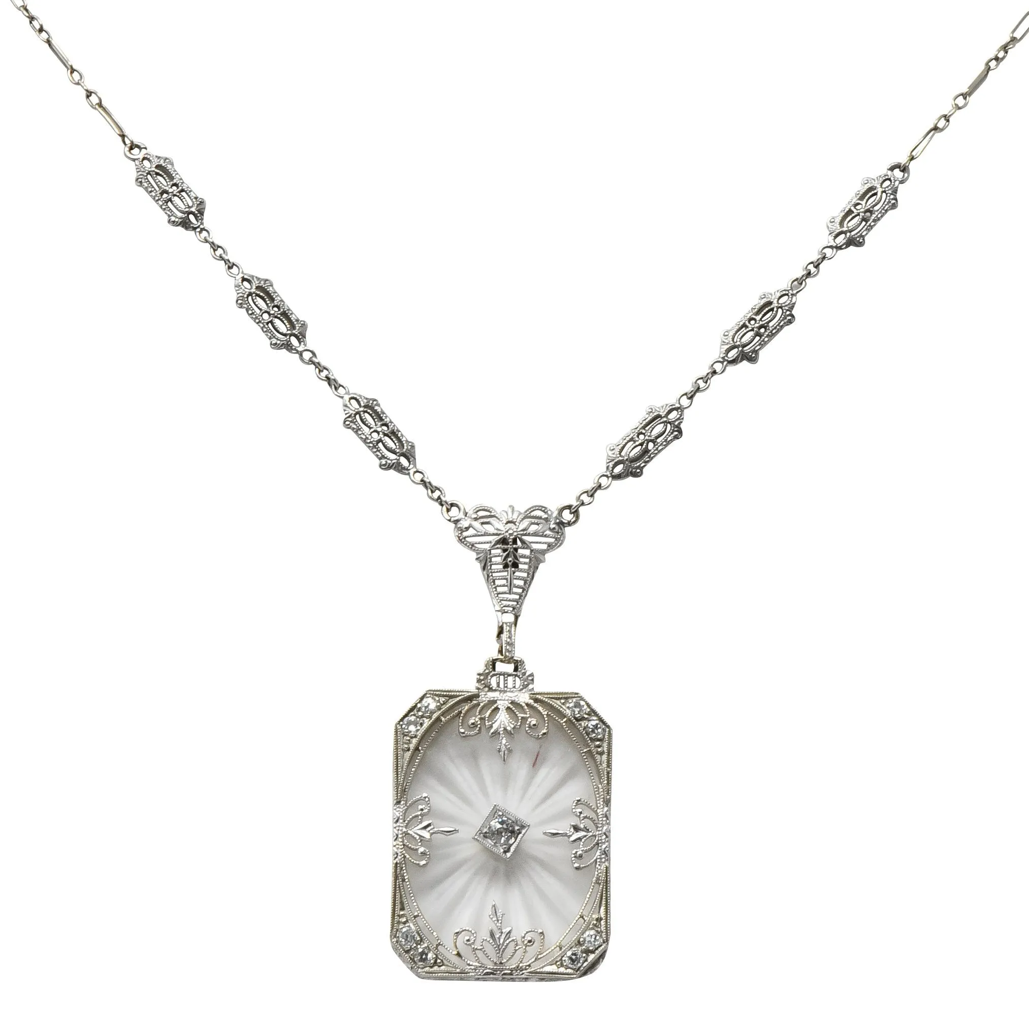 Balogh Art Deco Camphor Glass Diamond 14 Karat White Gold Necklace