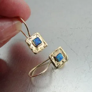 Blue Opal Earrings 9k Yellow Gold Unique Art Handmade Hadar Designers (I e127)