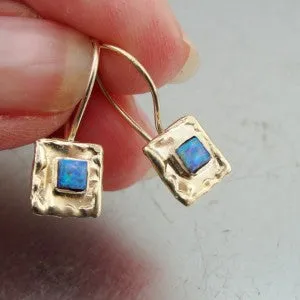 Blue Opal Earrings 9k Yellow Gold Unique Art Handmade Hadar Designers (I e127)