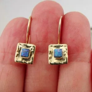 Blue Opal Earrings 9k Yellow Gold Unique Art Handmade Hadar Designers (I e127)