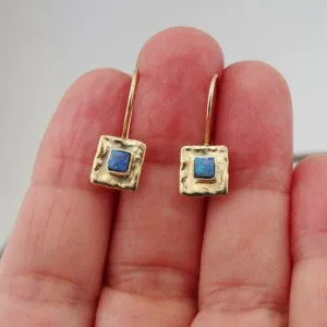 Blue Opal Earrings 9k Yellow Gold Unique Art Handmade Hadar Designers (I e127)