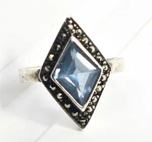 Blue topaz and marcasite vintage TH Art Deco style sterling silver ring size 7.5