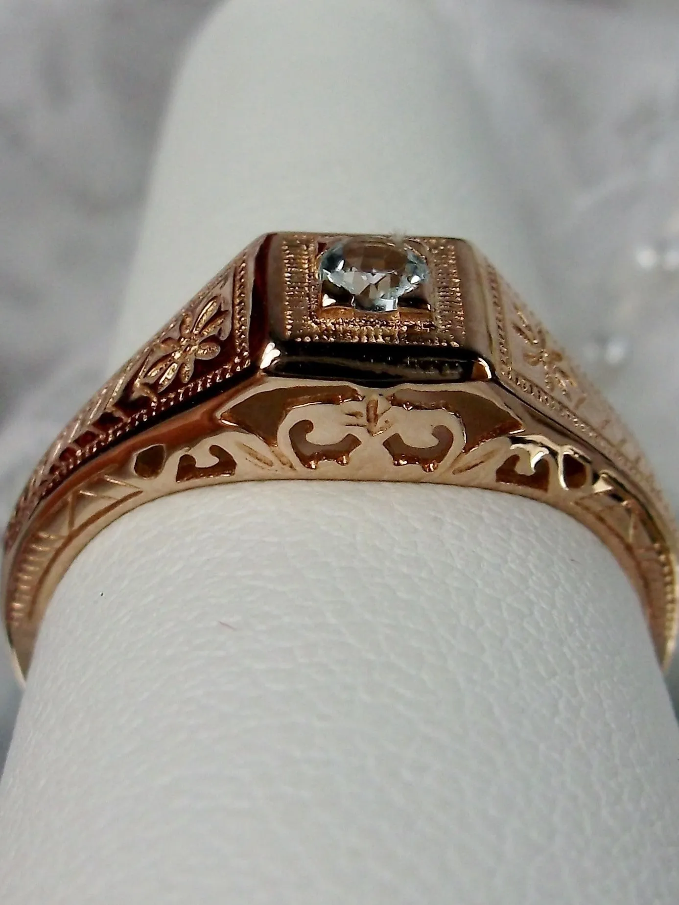 Blue Topaz Ring, 10k Rose Gold, Natural Gemstone Art Deco jewelry #D155