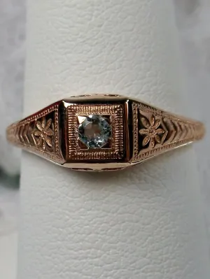 Blue Topaz Ring, 10k Rose Gold, Natural Gemstone Art Deco jewelry #D155