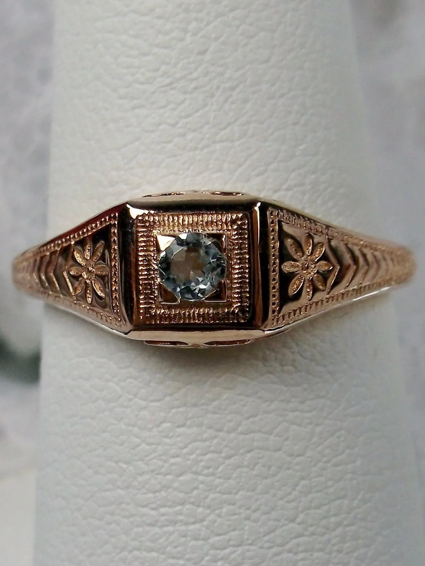 Blue Topaz Ring, 10k Rose Gold, Natural Gemstone Art Deco jewelry #D155