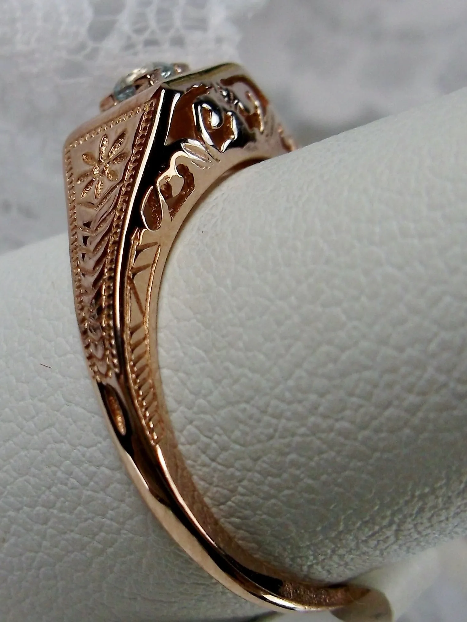 Blue Topaz Ring, 10k Rose Gold, Natural Gemstone Art Deco jewelry #D155