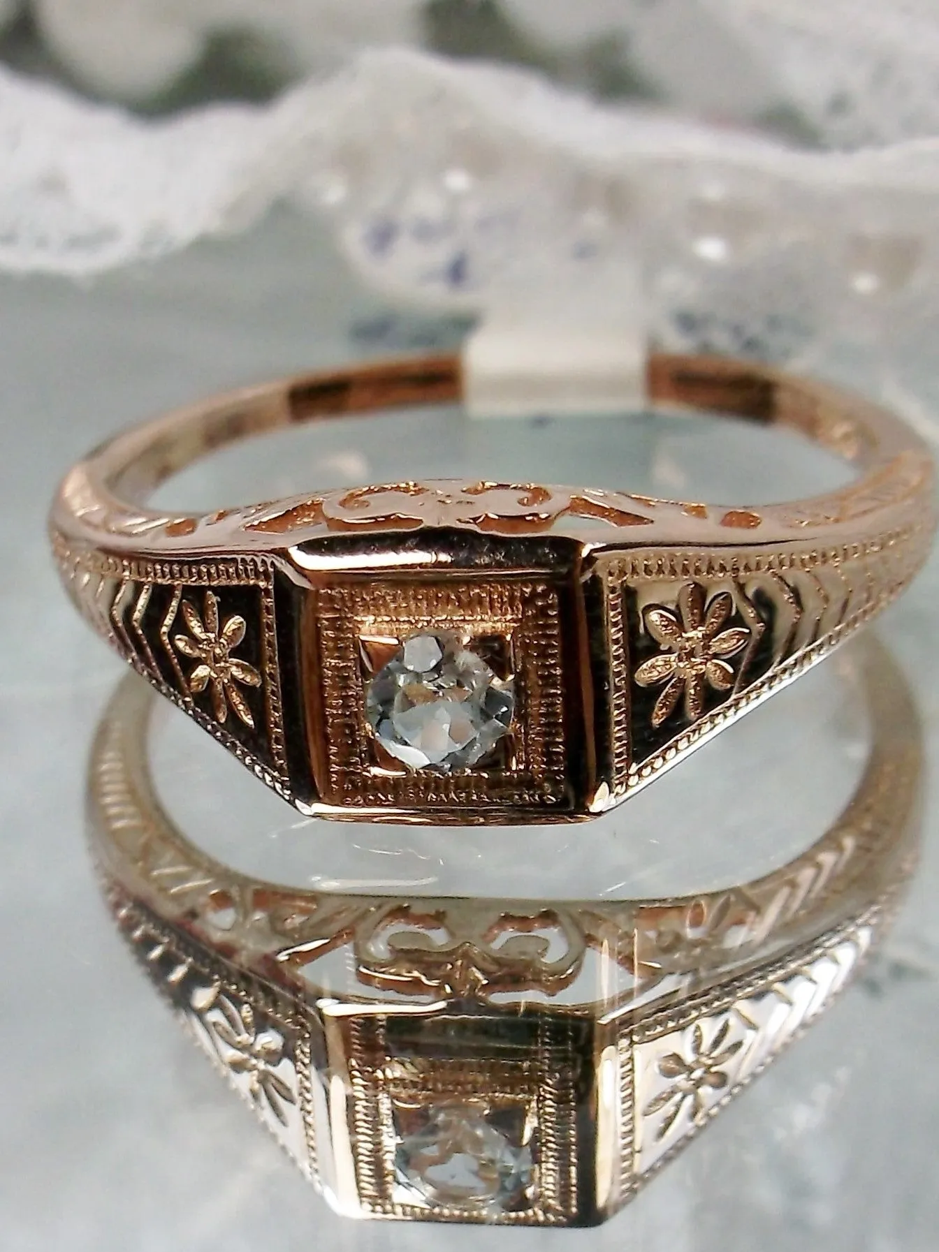 Blue Topaz Ring, 10k Rose Gold, Natural Gemstone Art Deco jewelry #D155