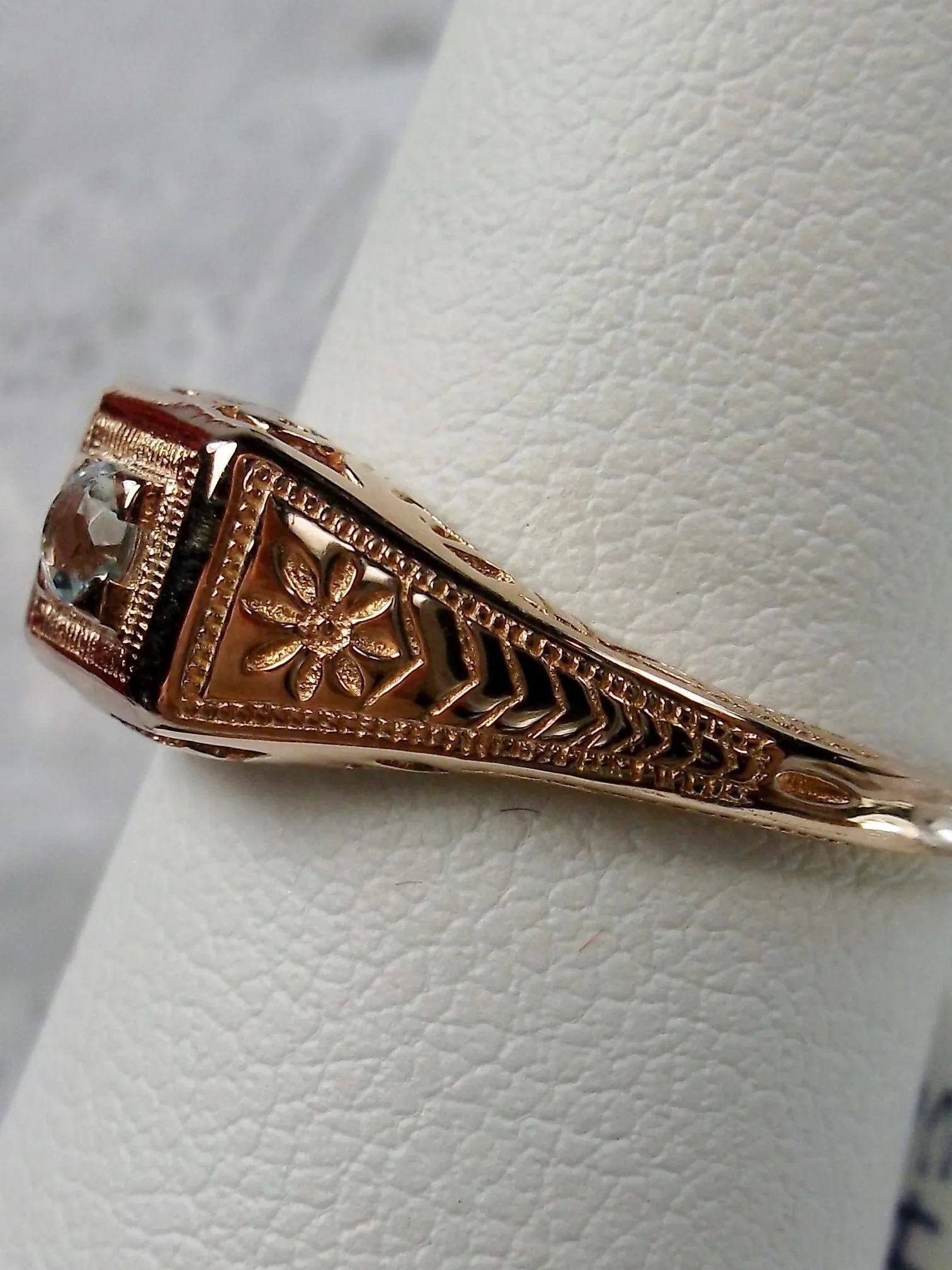 Blue Topaz Ring, 10k Rose Gold, Natural Gemstone Art Deco jewelry #D155
