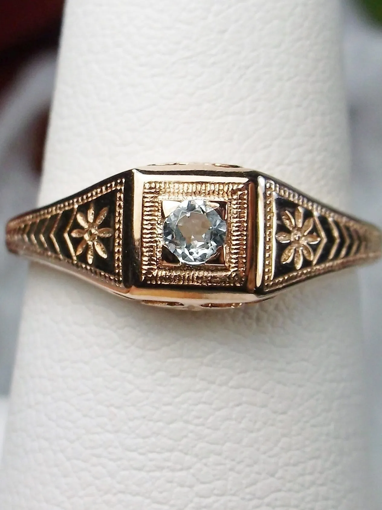 Blue Topaz Ring, 10k Rose Gold, Natural Gemstone Art Deco jewelry #D155