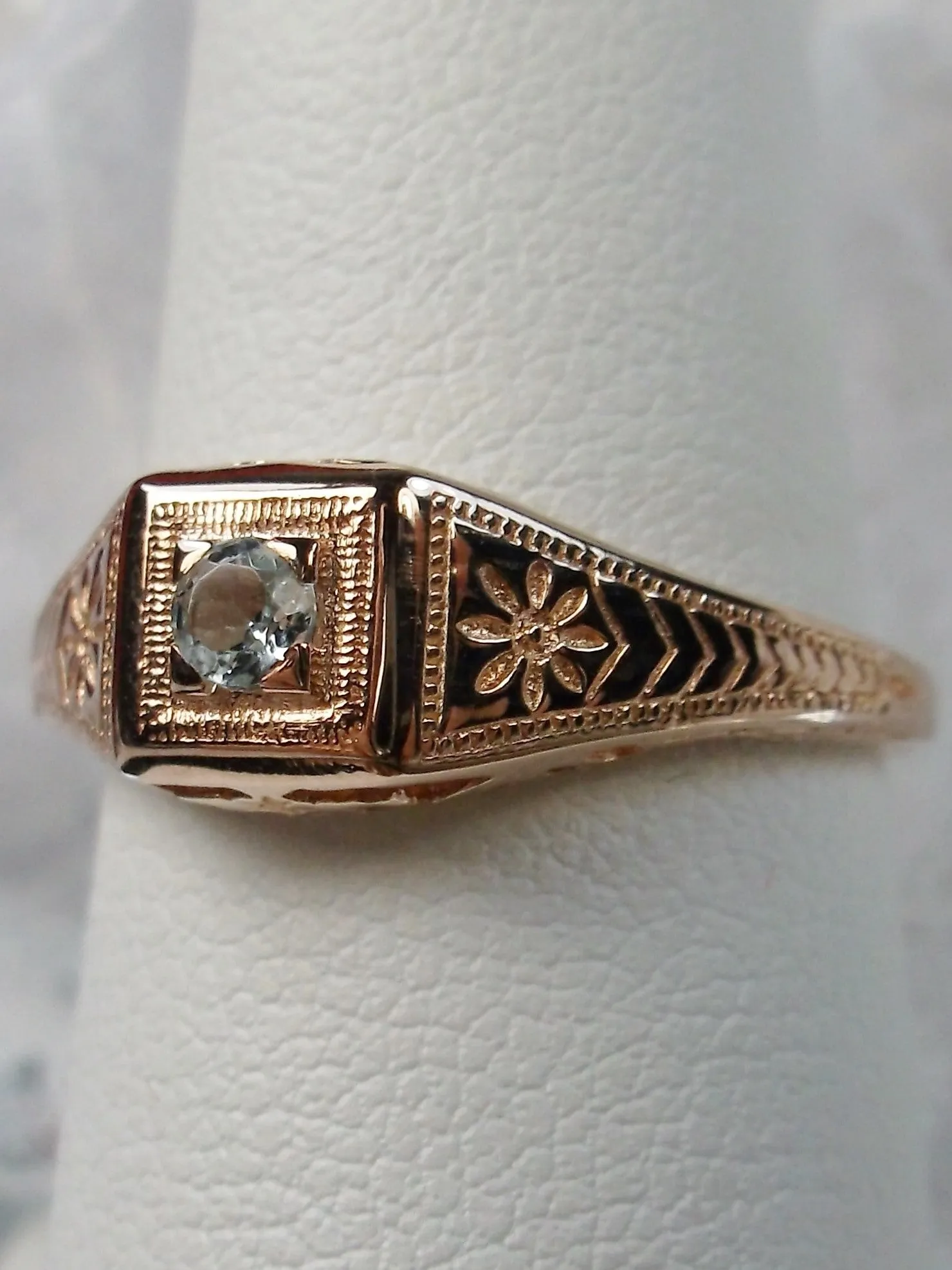 Blue Topaz Ring, 10k Rose Gold, Natural Gemstone Art Deco jewelry #D155