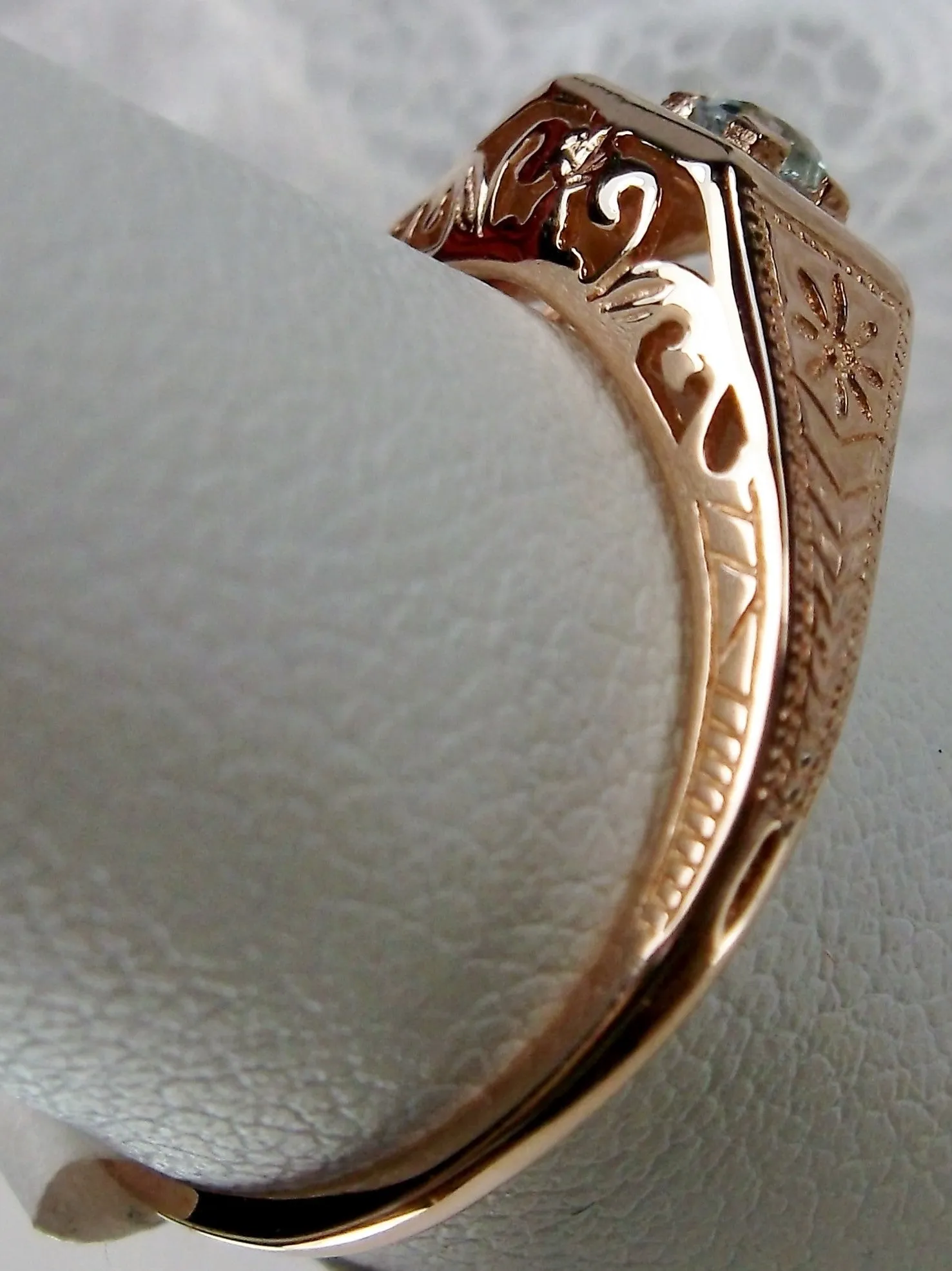 Blue Topaz Ring, 10k Rose Gold, Natural Gemstone Art Deco jewelry #D155