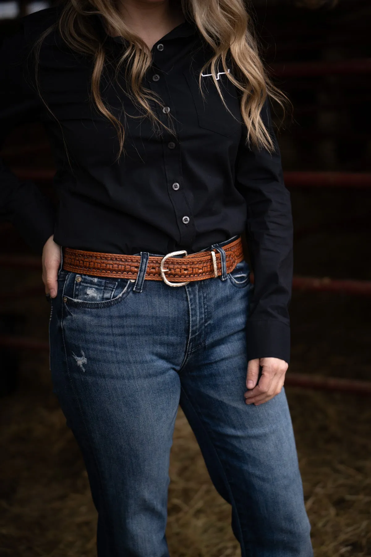 Box Basketweave Tooled Chestnut Leather Belt by Double J Saddlery (1 1/2")