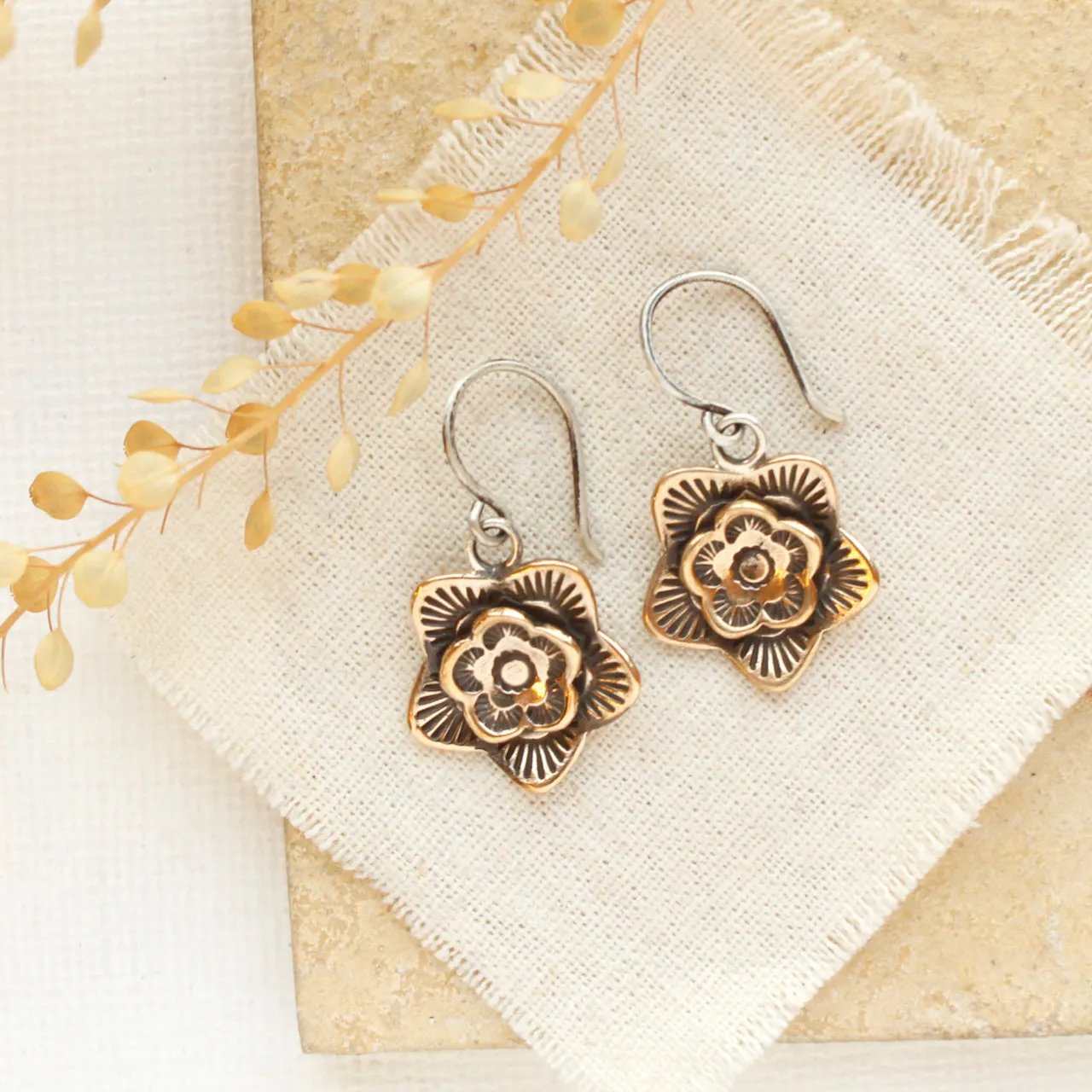 Bronze Layered Cactus Flower Earrings