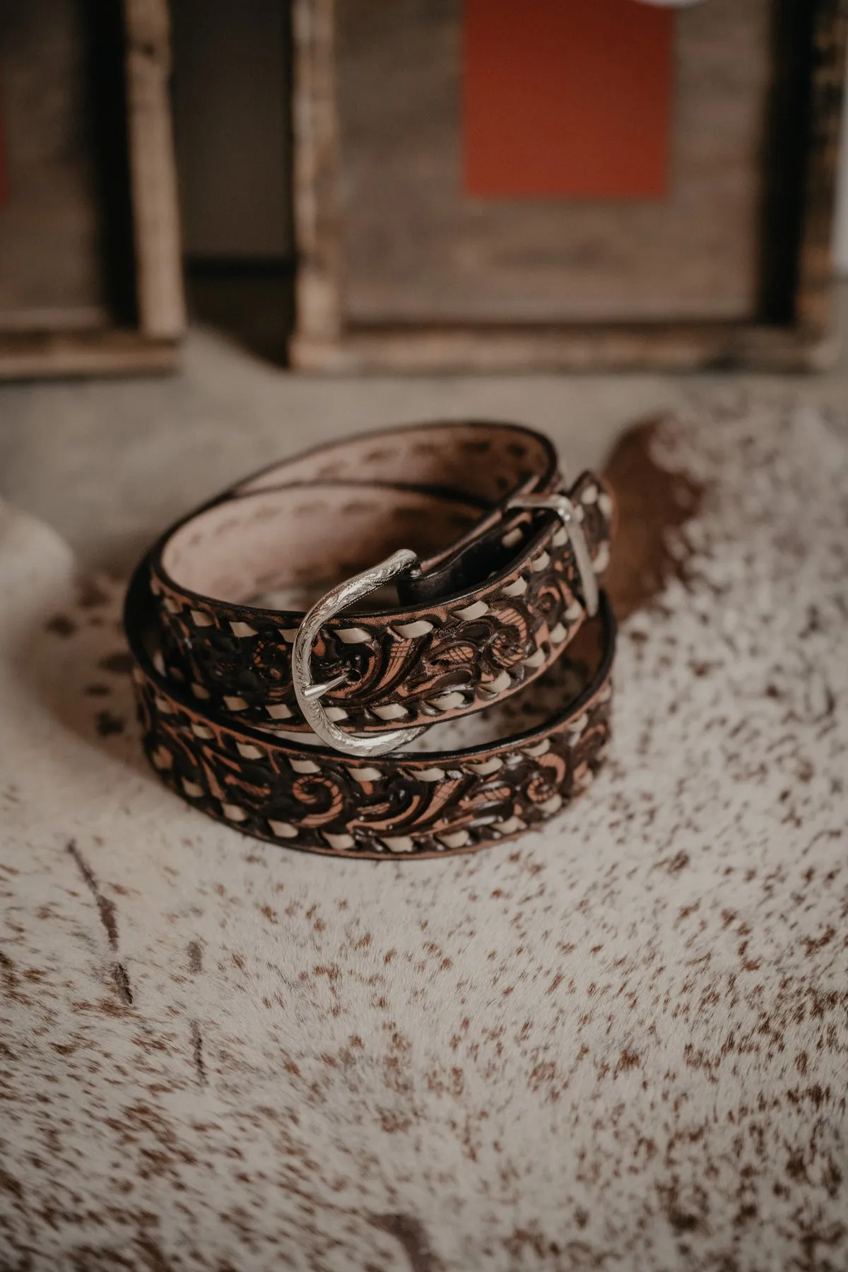 Brown Vintage with Whirlwind Tooling and Cream Buck Stitch Belt by Double J Saddlery (1 1/2" width)