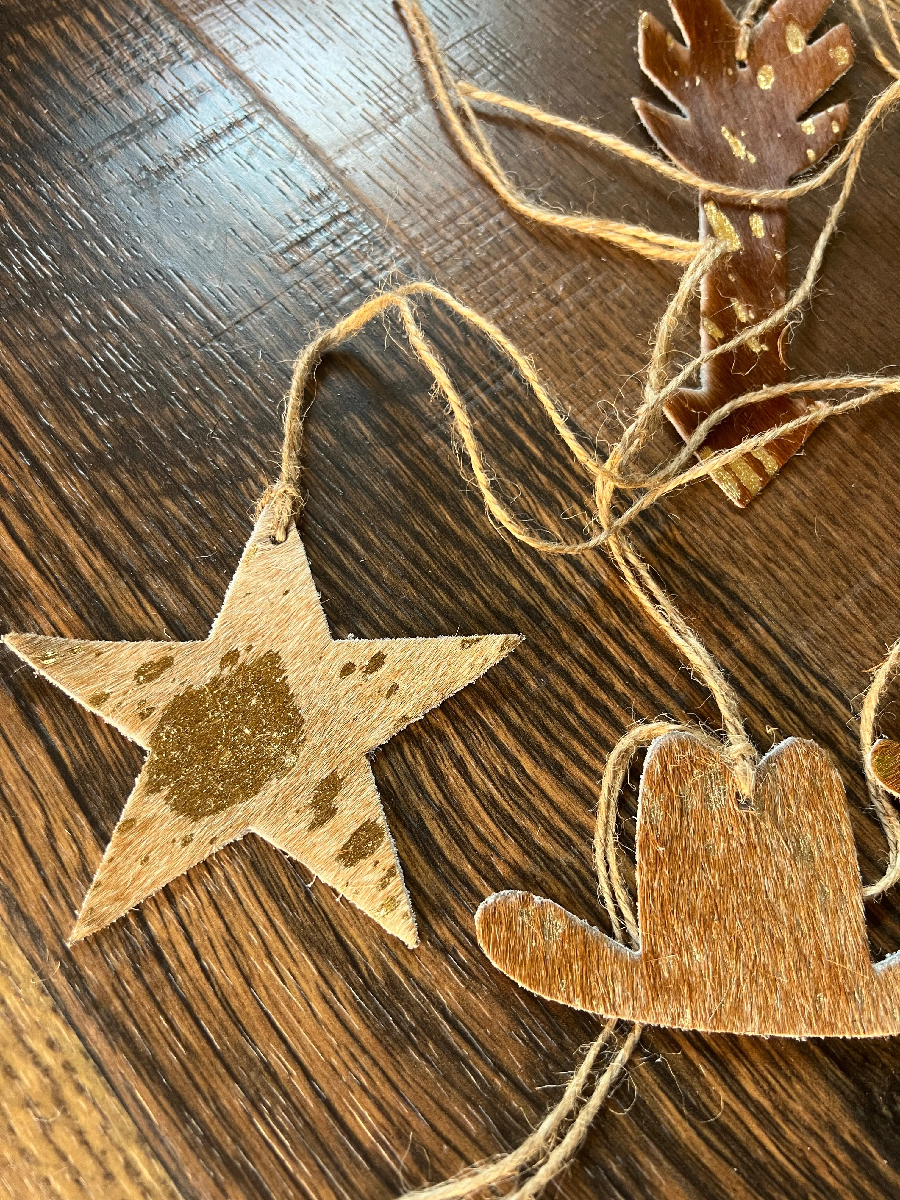 Brown/Gold Cowhide Leather Christmas Ornament- Sold Individually