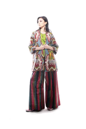 Burgundy and Multicolor Silk Ikat Shawl Collar Jacket