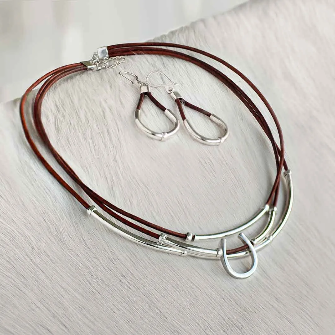 Calista - Brown Leather & Sterling Silver Horseshoe Earring