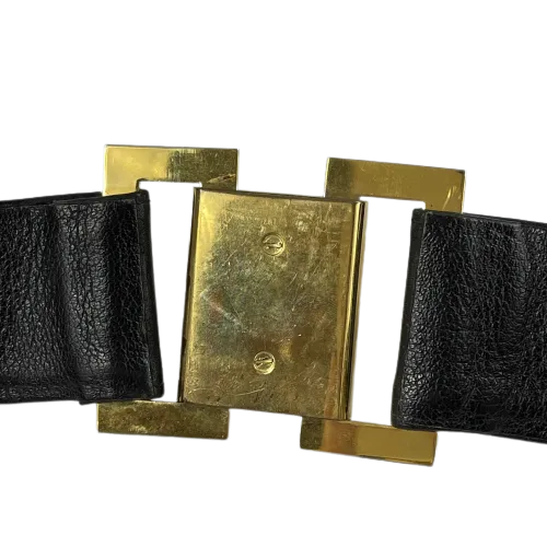 CHANEL - Vintage 1980's Black Leather and Gold Buckle CC Link Belt - 75 / 30