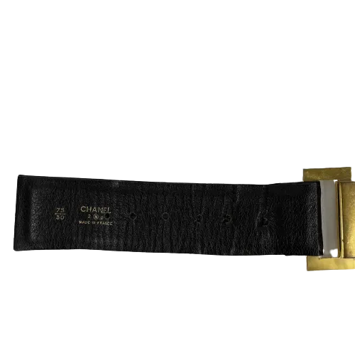 CHANEL - Vintage 1980's Black Leather and Gold Buckle CC Link Belt - 75 / 30